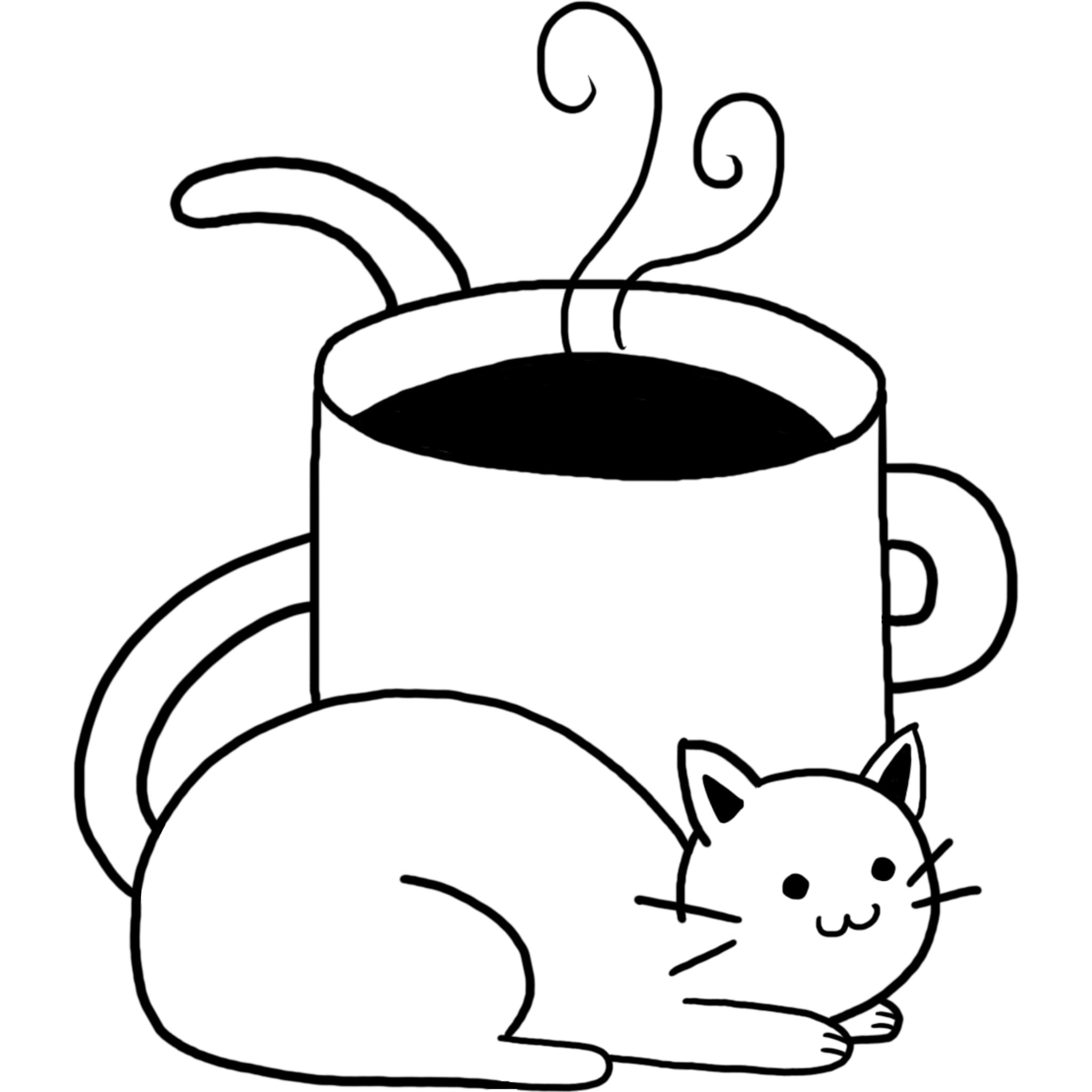 Drawing of a cat laying next to a cup of coffee.